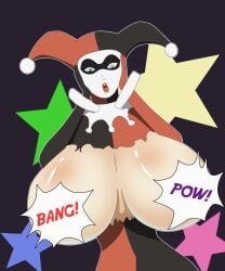 1girls batman_(series) breasts breasts_out censored censored_nipples dc dc_comics english_text female harley_quinn huge_breasts jester_hat jester_outfit looking_down open_mouth pheromonequeen solo speech_bubble speech_bubble_censor standing wardrobe_malfunction