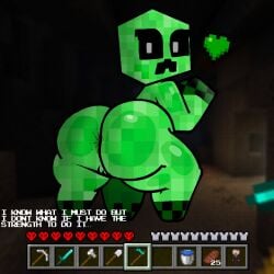 1:1 2024 adult_swim anthro anus ass big_butt cartoon_network creeper_(minecraft) digital_drawing_(artwork) digital_media_(artwork) english_text female first_person_view genitals green_body heart_symbol hi_res hoe holding_hoe holding_object holding_tool lewdewott looking_at_viewer looking_back looking_back_at_viewer microsoft minecraft mojang mr._boss_(smiling_friends) pussy smiling_friends standing text thick_thighs tools xbox_game_studios