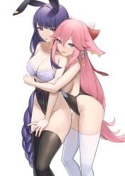 2girls absurd_res absurdres adult arm_around_partner arm_around_waist arm_under_breast arm_under_breasts bare_arms bare_ass bare_butt bare_chest bare_hands bare_hips bare_navel bare_shoulders bare_skin bare_thighs belly black_bunny_ears black_bunnysuit black_legwear black_leotard black_stockings black_thighhighs braid braided_hair braided_ponytail breasts breasts_pressed_against_partner bunny_ears bunny_girl bunnysuit cleavage collarbone covered_areola covered_areolae covered_breasts covered_crotch covered_nipples covered_pussy covered_vagina curvy curvy_ass curvy_body curvy_female curvy_figure curvy_hips curvy_thighs dot_nose elbows exposed exposed_arms exposed_legs exposed_shoulders exposed_thighs female female_only fingers genshin_impact groin hair_between_eyes hair_ornament hair_ornaments hair_ribbon half_naked hand_on_another's_arm hand_on_arm high_resolution highres hourglass_figure knees large_breasts legs legwear leotard light-skinned_female light_skin long_hair looking_at_viewer lordol multiple_females multiple_girls naked naked_female nervous nervous_expression nervous_face nervous_female nude nude_female pink_eyes pink_eyes_female playboy_bunny ponytail purple_eyebrows purple_eyes purple_eyes_female purple_hair purple_hair_female pussy raiden_shogun red_hair_ribbon red_ribbon ribbon shoulders shy shy_expression sideboob simple_background slender_body slender_waist slim_girl slim_waist smile smiling smiling_at_viewer standing stockings thick_thighs thighhighs thighs thin_waist upper_body v-line very_long_hair white_background white_legwear white_leotard white_stockings white_thighhighs wide_hips yae_miko