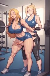 2futa ai_generated anal anal_sex balls blonde_hair bottomless futa_on_futa futa_sans_pussy futanari futanari_penetrated gym gym_clothes light-skinned_futanari light_skin penis sports_bra toned toned_body