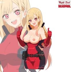 big_breasts blonde_hair breasts breasts_out cinema cosplay costume deadpool female_deadpool fingers red red_body smile smilling