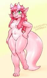 2021 5_toes anthro blasticussaturn breasts dragon feet female genitals green_eyes hair hand_on_hip hi_res horn looking_at_viewer nipples non-mammal_breasts nude pink_body pink_hair pink_nipples pink_scales pussy scales scalie signature simple_background smile solo standing toes