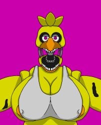 bib chubby_female covered_breasts five_nights_at_freddy's fnaf huge_breasts orange_areola rows_of_teeth scottgames tease withered_chica