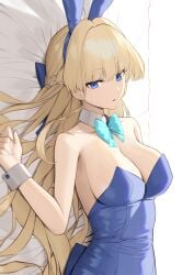 absurd_res absurdres animal_ears aqua_bow aqua_bowtie areola_bulge bare_armpits bare_arms bare_chest bare_hands bare_shoulders bare_skin blonde_female blonde_hair blonde_hair blonde_hair_female blue_archive blue_bowtie blue_bunny_ears blue_bunnysuit blue_eyes blue_eyes_female blue_hair_ribbon blue_hairband blue_leotard blue_ribbon bow bowtie braid breasts bunny_ears bunnygirl bunnygirl_outfit bunnysuit cleavage collar collarbone detached_collar fake_animal_ears female hair_ribbon hairband high_resolution highres large_breasts laying_down laying_on_back laying_on_bed leotard long_hair looking_at_viewer lordol lying nipple_bulge official_alternate_costume on_back parted_lips playboy_bunny rabbit_ears ribbon sideboob slender_body slender_waist slim_girl slim_waist solo strapless strapless_leotard thin_waist toki_(blue_archive) toki_(bunny)_(blue_archive) white_collar white_wrist_cuffs wrist_cuffs