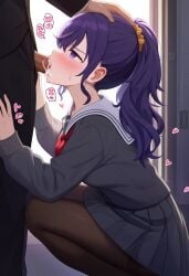 1boy 1boy1girl 1girls ai_generated asahina_mafuyu big_breasts blowjob blush breasts clothed clothing cum cum_drip cum_in_mouth cum_inside cumshot fellatio female high_resolution highres male penis project_sekai purple_eyes purple_hair school school_uniform schoolgirl thighs uniform