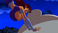 ai_generated brown_skinned_female fanart ginger_hair green_eyes huge_breasts naked_female sagging_breasts solo_female starfire tan_body tanline teen_titans