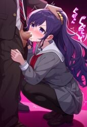 1boy 1boy1girl 1girls ai_generated asahina_mafuyu big_breasts blowjob blush breasts clothed clothing cum cum_drip cum_in_mouth cum_inside cumshot fellatio female high_resolution highres male penis project_sekai purple_eyes purple_hair school school_uniform schoolgirl thighs uniform