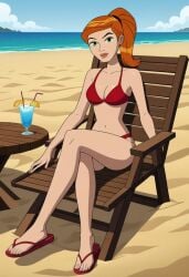 ai_generated beach beach_chair ben_10 ben_10_ultimate_alien bikini breasts cleavage feet female female_focus female_only flip_flops ginger ginger_hair gwen_tennyson medium_breasts orange_hair ponytail