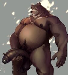 abstract_background anthro balls bara bear ben_bigger biped brown_body chain_necklace claws erection eye_scar facial_scar finger_claws foreskin fur genitals glans hi_res humanoid_genitalia humanoid_penis jewelry male mammal mihoyo muscular muscular_anthro muscular_male necklace nipples orcguy2 penis saggy_balls scar solo solo_male standing uneven_balls zenless_zone_zero