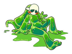 2_toes 3_fingers after_transformation aliasing alternate_species anthro balls big_ears blush chiggedychew dripping feet fingers genitals goo_creature goo_transformation green_body green_penis humanoid male mask penis scalie sitting slime solo tapering_penis thine toes transformation