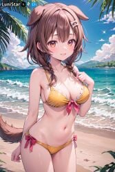 1girls ai_generated animal_ears beach bikini bikini_bottom bikini_top blush braid braided_twintails brown_eyes brown_hair cleavage cute dog_ears dog_girl dog_tail eyebrows_visible_through_hair female female_only front_view hair_between_eyes hair_ornament highres hololive hololive_japan inugami_korone light-skinned_female light_skin looking_at_viewer lunistar outdoors ribbon solo stable_diffusion standing swimsuit tagme tail thick_thighs virtual_youtuber watermark yellow_bikini