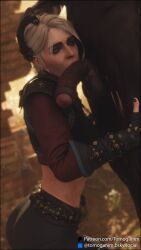 3d ciri dark-skinned_male fellatio foreskin green_eyes hand_on_head huge_cock interracial kneeling the_witcher_(series) tomoganim uncut white_hair