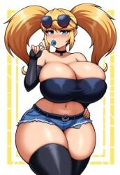 ai_generated armwear bimbo blonde_hair blue_eyes choker huge_ass huge_breasts jean_shorts knee_boots lollipop thick_thighs tubetop twintails wide_hips