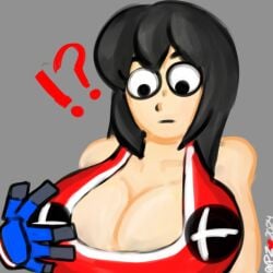 1boy big_breasts black_hair busty_boy feminine_male mii mii_brawler mob_face nintendo puddinpuddgi shocked_expression simple_background super_smash_bros. tank_top