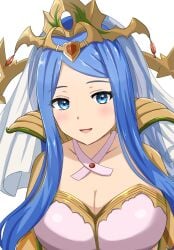 1girls absurd_res big_breasts blue_eyes blue_hair blush cleavage collarbone commentary_request fire_emblem fire_emblem_engage high_res long_hair looking_at_viewer lumera_(fire_emblem) milf nintendo open_mouth parted_bangs patty_ojisan simple_background smile tiara upper_body white_background