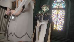 2girls 3d arms_behind_back ass_in_dress breasts coat dochaunt24 dress female female_only femdom femsub fire_emblem fire_emblem:_three_houses green_eyes green_hair hair_over_shoulder headphones hiding imminent_rape imminent_sex indoors inviting inviting_to_sex large_breasts long_hair long_sleeves manuela_casagranda mature mature_female mind_control multiple_girls nintendo open_mouth orange_nails own_hands_together pillar rhea_(fire_emblem) seductive solo_focus standing textless_version wide_hips window yuri