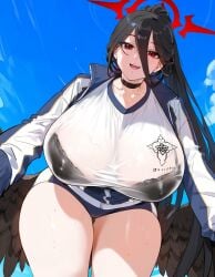 1girls ai_generated black_hair blue_archive breasts female gym_clothes gym_uniform hasumi_(blue_archive) hasumi_(gym_uniform)_(blue_archive) hips huge_breasts long_hair lucyla ponytail red_eyes sportswear thick_thighs thighs wide_hips wings