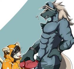 after_orgasm alex168wang anthro balls bara barazoku blazblue boner cum erection feline furry gay jubei_(blazblue) male male_only muscles muscular nude penis valkenhayn_r._hellsing werewolf wolf