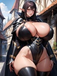 1girls ai_generated angry angry_face armor big_breasts black_hair blush breasts city clothed clothed_female clothing curvaceous curves curvy curvy_body curvy_female curvy_figure curvy_hips elf elf_ears elf_female eyebrows eyelashes female female_only front_view gloves hips huge_breasts legwear light-skinned_female light_skin looking_at_viewer massive_breasts outdoor outdoors outside pointy_ears solo solo_female standing thick_thighs thighs town voluptuous voluptuous_female yellow_eyes