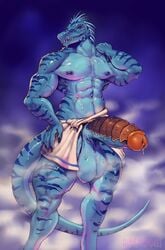 2019 5_fingers abs animal_genitalia anthro armor artist_name balls big_balls big_muscles big_penis biped blue_balls blue_eyes blue_nipples blue_penis blue_tail bodily_fluids cock_armor countershade_legs countershade_neck countershade_tail countershade_torso countershading digital_media_(artwork) digital_painting_(artwork) dinosaur dripping fingers front_view genital_fluids genitals gimmemysmokes glans glistening glistening_arms glistening_balls glistening_body glistening_genitalia glistening_legs glistening_penis hi_res huge_balls huge_cock light_body light_countershading long_tail male markings muscular muscular_arms muscular_thighs navel nipples pecs penis portrait precum precum_drip purple_body red_glans reptile scalie shaded shower simple_background solo standing steam striped_arms striped_body striped_legs striped_markings striped_tail stripes tail_markings thick_penis thick_thighs three-quarter_portrait towel towel_only unconvincing_armor urethra veiny_arms wet wet_body