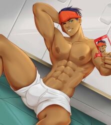 1boy abs arm_up armpits black_hair bulge cocky gasaiv gym_shorts hand_behind_head headband locker locker_room looking_at_viewer male male_only muscular muscular_arms muscular_chest nipples pecs pokemon pokemon_ss raihan_(pokemon) rotom_phone seductive selfie shorts sitting smile smiling_at_viewer smirk smirking_at_viewer smooth_skin smug solo solo_male spread_legs topless white_shorts wink winking_at_viewer