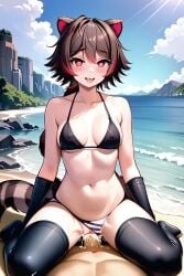 1boy 1girls ahe_gao ahe_gao ai_generated beach bikini blush breasts brown_hair cum cum_in_pussy cum_inside exhibitionism kemonomimi latam_virtual_youtuber multicolored_hair nude_male open_legs pov public pussy raccoon_girl rakkun red_hair sex short_hair tagme thighs virtual_youtuber vtuber