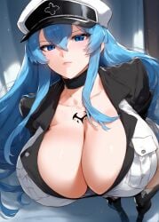 ai_generated akame_ga_kill! bending_over blue_eyes blue_hair breasts cap collar esdeath_(akame_ga_kill!) gigantic_breasts hanging_breasts hi_res highres hollowbeak huge_breasts leaning_forward looking_at_viewer outfit presenting presenting_breasts sagging_breasts skirt suit tagme tattoo