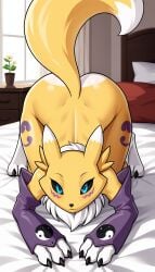 1girls 2024 ai_generated ass ass_up bed bedroom bedroom_eyes big_ass black_sclera blue_eyes blush canine cute digimon digimon_(species) digitigrade female female_only fox hi_res looking_at_viewer nude nude_female on_all_fours on_back purple_sleeves renamon smile thick_thighs top-down_bottom-up white_fur window yellow_fur yodayo