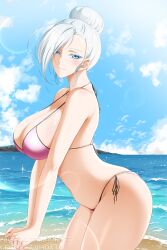 1girls alternate_version_available ass beach big_breasts bikini bikini_bottom blue_eyes bottomwear breasts cleavage female female_only hair hairbun hips huge_breasts kimmy77 pink_bikini pink_bikini_bottom pink_bikini_top rwby solo solo_female swimwear thighs topwear white_hair winter_schnee