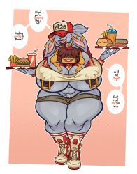 anthro areola biped breasts clothed clothing dialogue duo female hair headgear headwear hi_res lagomorph larger_female leporid male male/female mammal nipples open_mouth ponehanon rabbit size_difference smaller_male smile speech_bubble text thick_thighs