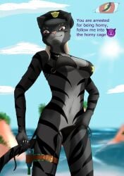 anthro beach bikini blackreaper_bk201 clothing felid female go_to_horny_jail hi_res khajiit mammal meme microsoft pinup policewoman pose red_eyes schnurrt_beim_knuddeln sea sky smile solo stripes swimwear the_elder_scrolls toy toy_gun two-piece_swimsuit water water_gun