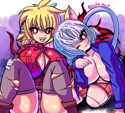 2girls big_breasts blonde_hair breasts catgirl cleavage color crossover female female_only hellsing hellsing_ultimate huge_breasts hunter_x_hunter indievamp large_breasts multiple_girls neferpitou open_clothes open_shirt panties pantyshot red_eyes seras_victoria skindentation spats sweat sweatdrop thick_thighs thighhighs thighs vampire vampire_girl white_hair