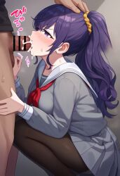 1boy 1boy1girl 1girls ai_generated asahina_mafuyu big_breasts blowjob blush breasts clothed clothing cum cum_drip cum_in_mouth cum_inside cumshot fellatio female high_resolution highres male penis project_sekai purple_eyes purple_hair school school_uniform schoolgirl thighs uniform