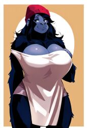 ai_generated animal_ears anthro anthro_only big_breasts black_fur cleavage clothed dark_hair exposed_shoulders female_focus furry furry_female furry_only gigantic_breasts gorilla hourglass_figure large_breasts long_hair majorfluffy narrow_waist novelai off_shoulder primate smug solo solo_anthro solo_female tagme thick_thighs two_tone_body two_tone_fur wide_hips