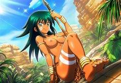1girls ai_generated cave_girl cavegirl cavewoman female female_only gold_jewelry green_eyes green_hair jungle jungle_girl leopard_print long_hair siren-module spear tagme tan_body tan_skin tarzan tarzana topless topless_female