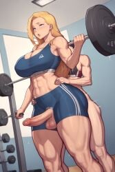 2futa 2futas ai_generated anal anal_sex balls blonde_hair breasts crotchless erect_nipples erection futa_on_futa futa_only futanari futanari_penetrated gym gym_clothes huge_breasts light-skinned_futanari light_skin nipple_bulge penis penis_out sports_bra toned toned_body