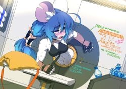 ahe_gao ambiguous_gender anthro blue_hair blush bra clothing female glory_hole hair hi_res hole_in_wall jecbrush long_hair looking_pleasured mammal notched_ear ponytail rodent solo stomach_bulge text underwear