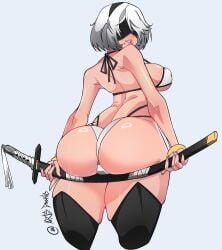 1girls ass ass ass_focus back back_view bare_arms bare_shoulders bare_thighs big_ass big_breasts big_butt biting_lip clothed clothing color dookie_arts female female_focus female_only hi_res large_breasts light-skinned_female light_skin nier:_automata nipples_visible_through_clothing short_hair solo solo_female sword tagme thick_thighs white_hair yorha_2b