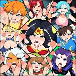 1girls 3boys 9girls after_fellatio after_oral ai_generated amazon amazonian artoria_pendragon artoria_pendragon_(lancer) big_breasts big_penis bulma_briefs chinese_clothes chun-li cleavage collage crossover cum cum_in_mouth dark-skinned_female dark_skin dc dc_comics dragon_ball dragon_ball_super dragon_ball_z erza_scarlet fairy_tail fate/grand_order fate_(series) female from_above grey_body group group_sex handjob happy high-angle_view huge_breasts huge_cock kasumi_(pokemon) large_breasts may_(pokemon) miruko mullon multiple_boys multiple_girls my_hero_academia novelai penis pokemon pokemon_oras rachel_roth raven_(dc) rumi_usagiyama smile straight street_fighter superheroine surrounded surrounded_by_penises tongue tongue_out wonder_woman wonder_woman_(series)