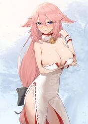 alternate_costume animal_ears arm_under_breast arm_under_breasts bare_arms bare_chest bare_hands bare_shoulders bare_skin bell black_ribbon blush blush_lines blushing blushing_at_viewer blushing_female breasts cherry_blossom_print cleavage closed_mouth cowboy_shot curvy curvy_body curvy_female curvy_figure curvy_hips curvy_thighs detached_collar dress earrings embarrassed_female female floppy_ears floral_print fox_ears genshin_impact grey_background hair_between_eyes hand_up jewelry large_breasts light_smile long_hair looking_at_viewer lordol neck_bell pink_eyebrows pink_hair pink_hair_female purple_eyes purple_eyes_female ribbon side_slit simple_background single_earring slender_body slender_waist slim_girl slim_waist solo standing strapless strapless_dress thin_waist very_long_hair white_background white_dress wrist_cuffs yae_miko