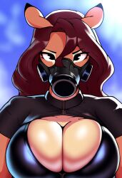 ai_generated animal_ears anthro anthro_only big_breasts black_clothes black_eyes blue_background brown_hair cervid cleavage cleavage_cutout cleavage_overflow deer deer_girl ears_back eyebrows eyelashes female_focus furry furry_breasts furry_female furry_only gas_mask gasmask hair_between_eyes large_breasts long_hair majorfluffy novelai solo solo_anthro solo_female tagme two_tone_body two_tone_fur