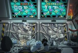 ankle_cuffs anthro arcade arcade_machine avery_(vir-no-vigoratus) bemani black_pawpads blue_body blue_eyes blue_fur blue_pawpads bondage bondage bound bound_together cable canvas_texture caution_stripes chastity_cage chastity_device cheetah combo cuff_(restraint) dance_dance_revolution dipstick_tail duo electricity electrostimulation felid feline fur green_eyes grey_body grey_fur inside joystick kemira kemira_redearth_(character) kieran konami liam_(tempestus_vulpis) looking_down male mammal markings metal_chastity_cage muzzle_(object) muzzled onightwish pantherine pawpads punishment pushbutton restraints screen sitting snow_leopard spots spotted_body spotted_fur spotted_markings spotted_tail spreader_bar straitjacket straps tail tail_markings white_body white_fur