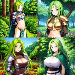 age_difference aging ai_generated big_breasts civitai collage green_eyes green_hair jewel jewel_on_forehead large_breasts messy_hair