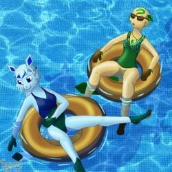 absurd_res anthro bikini bikini_top blue_body blue_clothing blue_eyes blue_fur blue_hair blue_swimwear bottomless breasts brown_body brown_fur closed_eyes clothed clothing duo ear_piercing ear_ring eeveelution eyewear female fur generation_4_pokemon genitals glaceon green_body green_clothing green_fur green_swimwear hair hi_res inflatable inner_tube jewelry leafeon lisa_devellis marissa_reinhart necklace nintendo pattern_clothing pattern_swimwear piercing plump_labia pokemon pokemon_(species) pool pussy ring_piercing scoutthecat02 shirt sleeping small_breasts smile sunglasses swimwear tail tan_body tan_fur tank_top thick_thighs topwear two-piece_swimsuit wet wet_body wet_clothing wet_hair