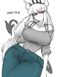 1girls artist_request fully_clothed helltaker horns looking_at_viewer lucifer_(helltaker) pants white_hair