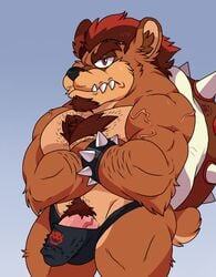 2021 anthro bara black_nose bowser brown_body brown_fur bulge clothing fur genitals humanoid_genitalia humanoid_hands humanoid_penis koopa lewdookami male male_only mammal mario_(series) muscular muscular_male nintendo penis pubes scalie solo underwear ursid video_games