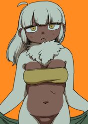 absurd_res anthro bottomless breasts clothed clothing female frown hair haplorhine hi_res long_hair mammal monkey monkey_girl primate semi solo topwear topwear_only towel yellow_eyes