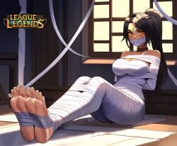 1female 1girl 1girls ai_generated barefoot big_breasts dark_skin dark_skinned_female fantasticllama feet feet_focus female female_focus foot_focus forehead_gem forehead_jewel gag gagged gagged_female gem_on_forehead jewel_on_forehead large_breasts league_of_legends long_hair long_hair_female looking_at_viewer mummy mummy_costume mummy_wrappings nidalee ponytail ponytail_female riot_games solo solo_female solo_focus tied tied_up yellow_eyes yellow_eyes_female