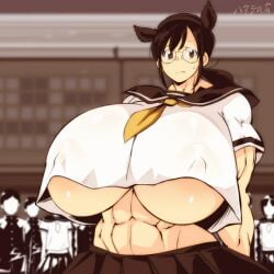 abs animated animated animated big_breasts breasts cow_girl glasses hataraki_ari huge_breasts junko_(hataraki) large_breasts massive_breasts monster_girl muscular muscular_arms muscular_female school_girl schoolgirl