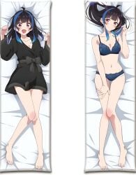 ahoge bare_arms bare_belly bare_legs bare_shoulders bare_thighs barefoot bathrobe bed_sheet belly_b belly_button blue_panties blue_underwear blush breasts cleavage collarbone dakimakura dakimakura_design feet hand_on_thigh holding_hair kanojo_okarishimasu knee_blush lying medium_breasts mouth_closed multicolored_hair official_art open_mouth panties purple_eyes short_hair smile thighs toes underwear underwear_only yaemori_mini